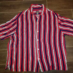 H&M MEN’S RED WHITE STRIPED BUTTON UP SHORT SLEEVE SHIRT XXL Relaxed Fit Viscose